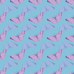 Purple butterfly on blue background, seamless pattern design