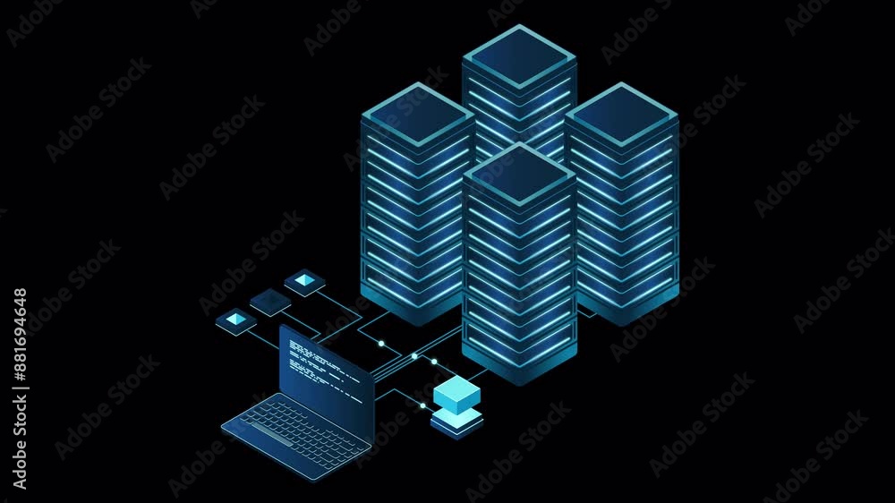 Poster database servers animation. server room data center. hosting server isometric. motion graphic. 4k vi