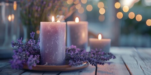 Lavender candles casting a soft, soothing glow, creating a serene and relaxing ambiance.