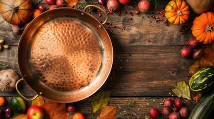 Autumn harvest fair Vegetarian cooking with copper pan and colorful veggies top view on wooden background