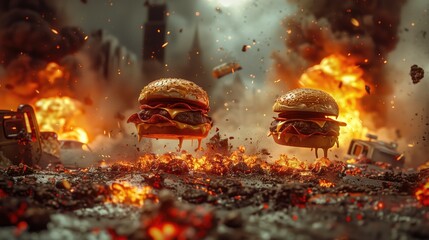 Fast Food Wars the Cheeseburger Battles, Tasty Delicious Funny Restaurant Business Design Wallpaper, Culinary Marketing Concept, Action Photography Background