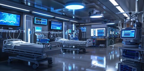 Intense hospital ICU with multiple medical monitors displaying vital signs and equipped with life-saving equipment