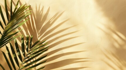 Obraz premium Tropical palm leaf shadow on beige wall in minimal design summer theme flat lay