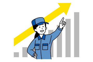 右肩上がりで成長するグラフと遠くを指差すつなぎ作業服の女性