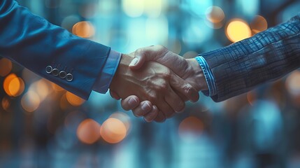 Close-up of two businesspeople shaking hands in an office setting, symbolizing agreement, partnership, and successful business deal.