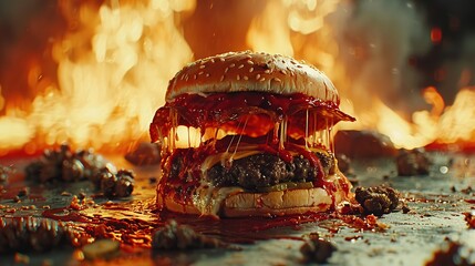 Fast Food Wars the Cheeseburger Battles, Tasty Delicious Funny Restaurant Business Design Wallpaper, Culinary Marketing Concept, Action Photography Background