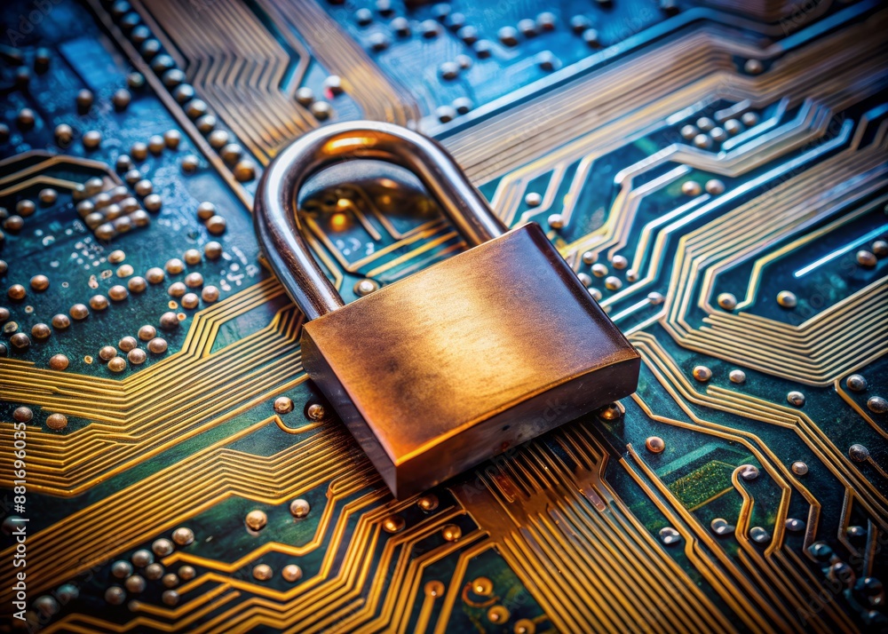 Poster a rust-resistant padlock sits atop a complex circuit board, symbolizing robust security measures and