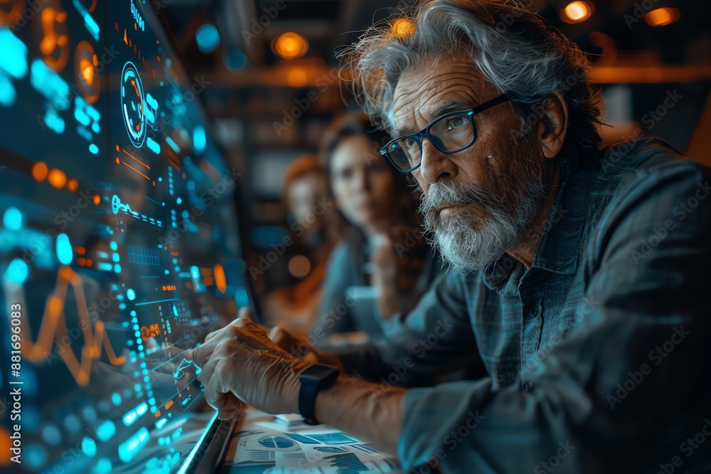 Poster senior professional analyzing data on futuristic digital interface screen in a busy, high-tech envir