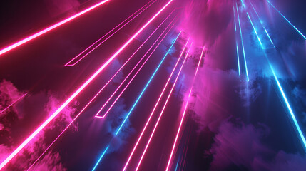 3d rendering, abstract neon background with ascending pink blue red glowing lines, light beam. Fantastic wallpaper with colorful laser rays
