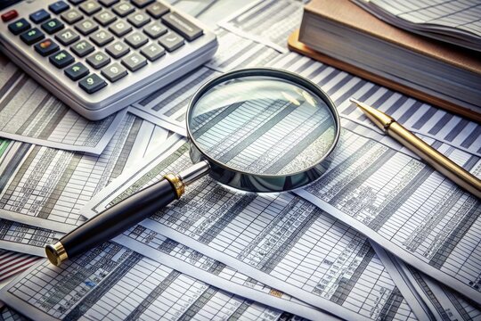 A magnifying glass hovers above a cluttered desktop scattered with financial documents, calculator, and pens, spotlighting a single suspicious transaction amidst a sea of numbers.