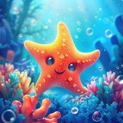 Smiling Starfish in a Coral Reef