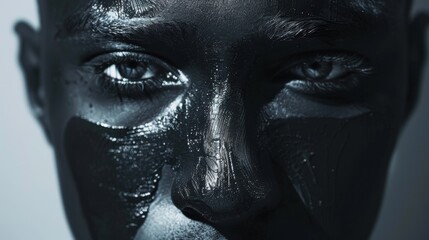 A close up of a person with black paint on their face