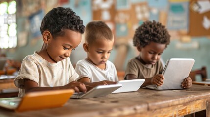 Diverse Group of Children Engaging in Global Education with AI Translation on Tablets for Language Learning