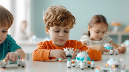 Bright Classroom of Future Coders: Gen Alpha Kids Engaged in STEM Robotics Education