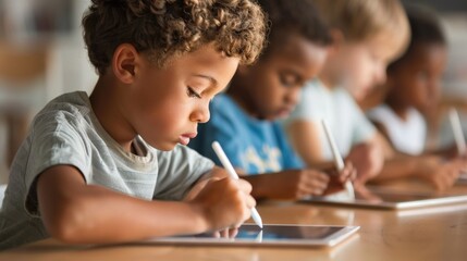 Innovative Learning: Gen Alpha Kids Using Tablets for Digital Art in Modern Classroom