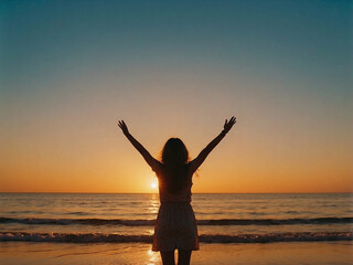 Fototapeta premium Woman Embracing Sunset on a Tranquil Beach