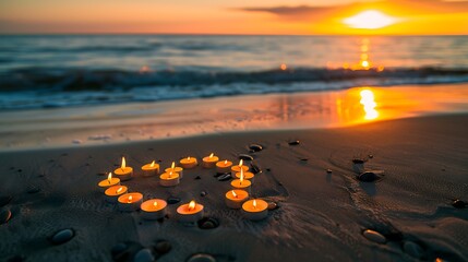 Candles in a Heart Shape on the Beach at Sunset