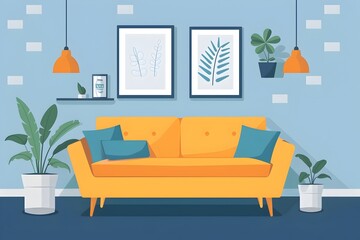 Cozy and Minimal Living Room with Vibrant Color Accents and Botanical Decor