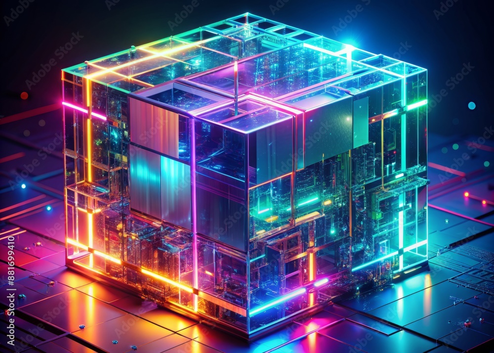 Poster vibrant 3d rendering of a futuristic cube abstract geometric background with neon lights and glitch 