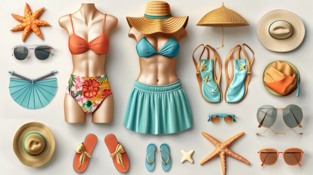 Collection of summer clothing and accessories in 3d style on white background. Colorful beach stuff for woman. Elements for sales banners, online shopping.