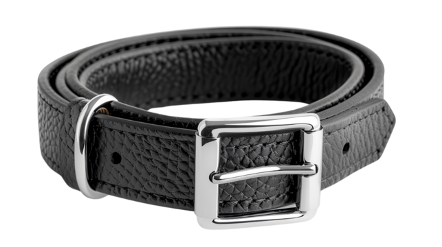 High-quality black leather belt with a sleek metal buckle, perfect for formal and casual wear, offering a timeless and stylish look. - Powered by Adobe