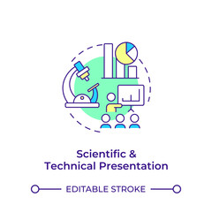 Scientific and technical presentation multi color concept icon. Educational lecture. Scientific discovery. Round shape line illustration. Abstract idea. Graphic design. Easy to use in article