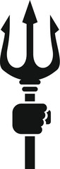 Black silhouette icon of a hand tightly gripping a trident, the iconic three pronged spear of gods and sea deities