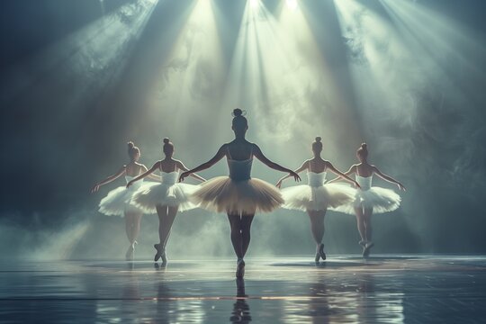 Group of skilled ballet dancing ballerina in white tutu performs under bright stage lights