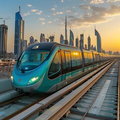Fototapeta premium Modern Train Journeying Through Dubai's Skyline at Sunset