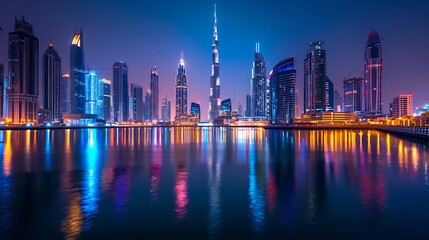 Dubai Skyline at Night with Reflections