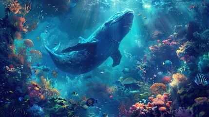 Fototapeta premium Whale Swimming Through Vibrant Coral Reef
