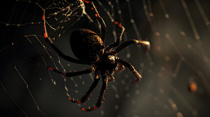  a backlit black widow spider hanging in net backlit