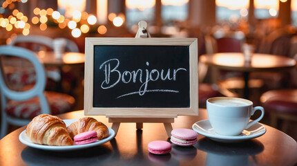 Cozy cafe in Paris city with traditional French macarons and chalkboard with word Bonjour. Travel to France, welcome to Paris, French patisserie and food