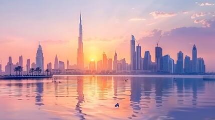 Obraz premium Dubai Skyline at Night with Reflections