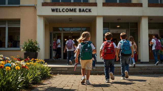 Back to school. Sweet kids having a good time while going to school