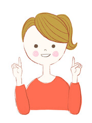 両手で上方を指さしのジェスチャーをする女の子のイラスト　背景透過　高解像度PNG 350dpi