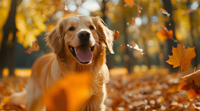 A happy Golden retriever is among fall leaves. creative concept Autumn Vibes