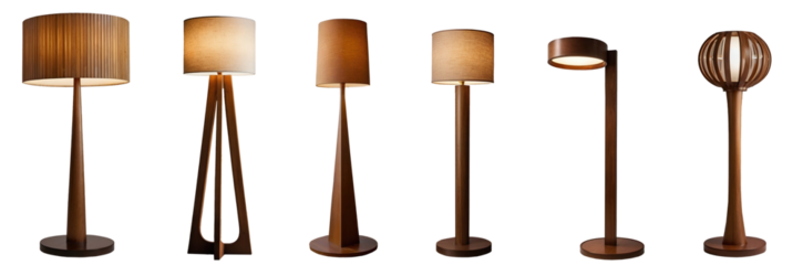Set of various modern expensive wooden floor lamps isolated on transparent background. Generative AI