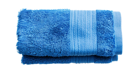 Bright blue, folded towel isolated on a white background. Perfect for bathroom, shower, or spa settings. Soft and absorbent fabric close-up.