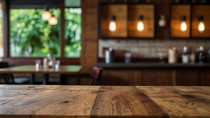 empty wooden table top with Restaurand Background for product display