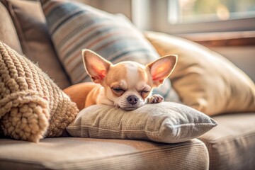 Adorable tiny Chihuahua snoozes peacefully on plush sofa surrounded by soft cushions in a warm cozy living room with gentle natural light filtering in.