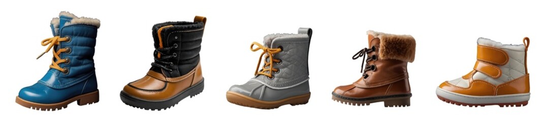 Set of various modern stylish kids winter boots in different colours isolated on transparent background. Generative AI	