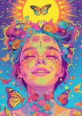 Fototapeta premium A colorful tarot card of a skeleton woman with pastel hair and butterflies, smiling suns in the background, rainbow colors, detailed in the style of colored pencil on paper, hyper-detailed.
