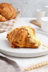 Croissant. Almond croissant. with copy space. perfect for recipe, article, or any commercial content.