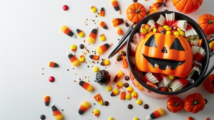 Halloween pumkin cupcakes with Witch hats and spiders,white ghosts isolated on white background,Cupcakes on dark and smoke,Spooky Sweets for kids on Halloween,copy space.