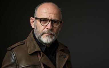 Obraz premium A man with glasses and a beard is wearing a brown jacket. He looks serious and is staring at the camera