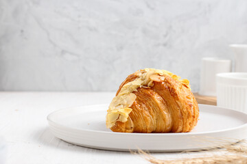Croissant. Almond croissant. with copy space. perfect for recipe, article, or any commercial content.