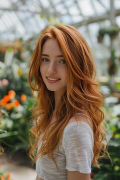 A 25-year-old gorgeous redhead Russian supermodel standing in a botanical garden, smiling at the camera. She is dressed in casual attire, with detailed facial features showing her enjoyment. The