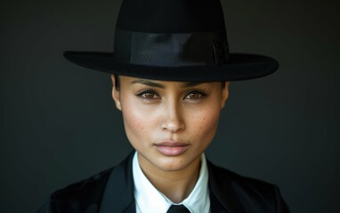 A woman wearing a black hat and a white shirt. She is looking at the camera. The image has a mood of elegance and sophistication