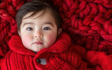 A baby wearing a red sweater and a red blanket. The baby is looking at the camera. The scene is warm and cozy
